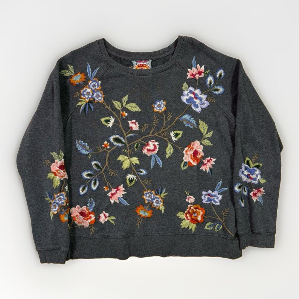 Johnny Was Renata Raglan Sweatshirt Women's Small Gray Embroidered Los Angeles